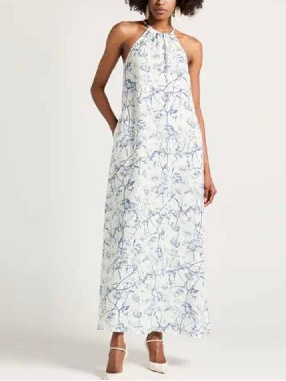 120% LINO Quiet Luxury Summer 100% Linen Blue/White Floral Halter Maxi S (42)
